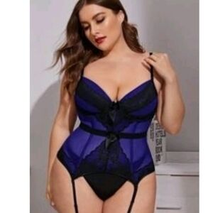 Elegant Blue and Black Lace Bodysuit